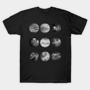 Black and white watercolor planets in starry night T-Shirt